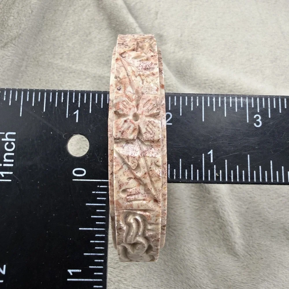 Vintage Bangle Bracelet Carved Polished Stone Pink 8